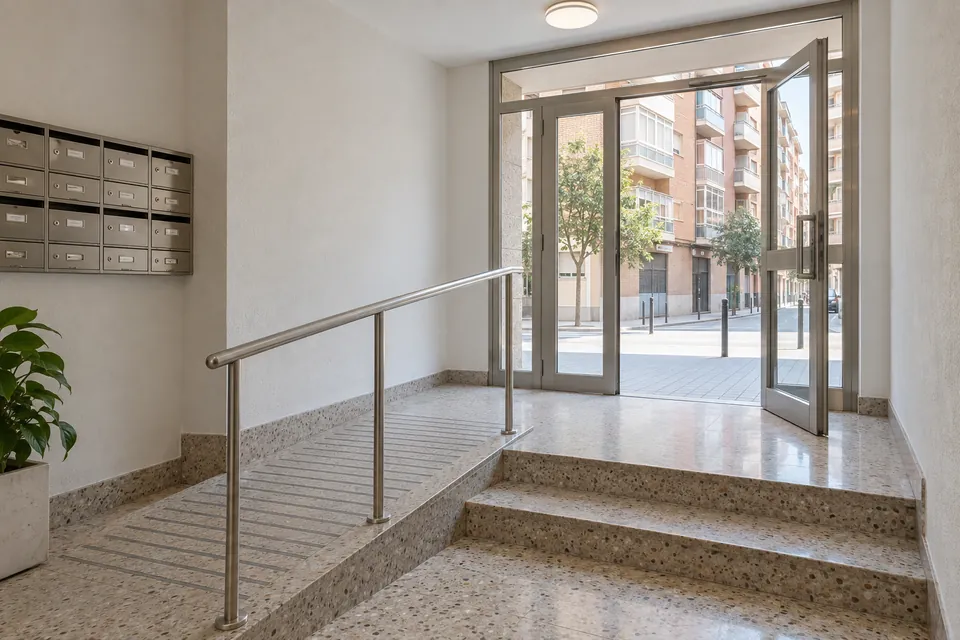 Portal de un bloque de pisos con rampa y barandilla junto a los escalones de la entrada