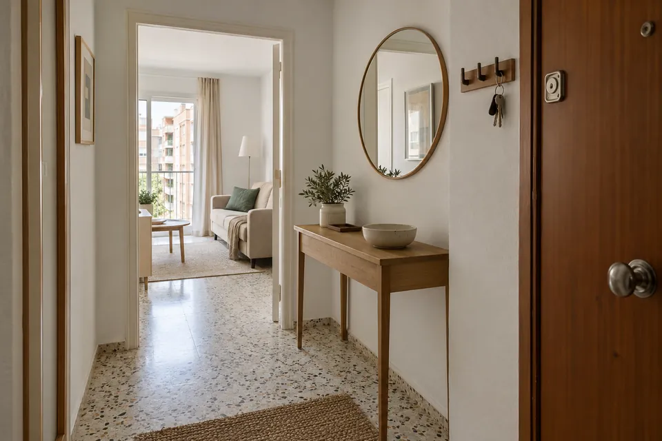 Recibidor de un piso con llaves colgadas junto a la puerta de entrada