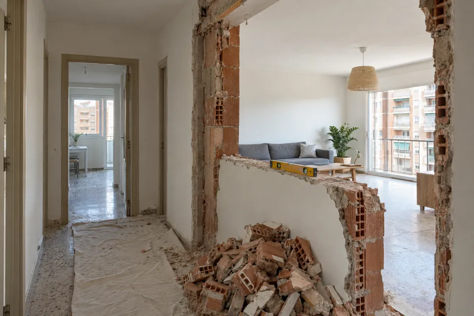 Tabique a medio derribar en el pasillo de un piso pequeño para cambiar la distribución
