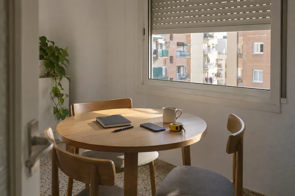 Mesa junto a la ventana con libreta, cinta métrica y móvil para preparar la visita de una reforma