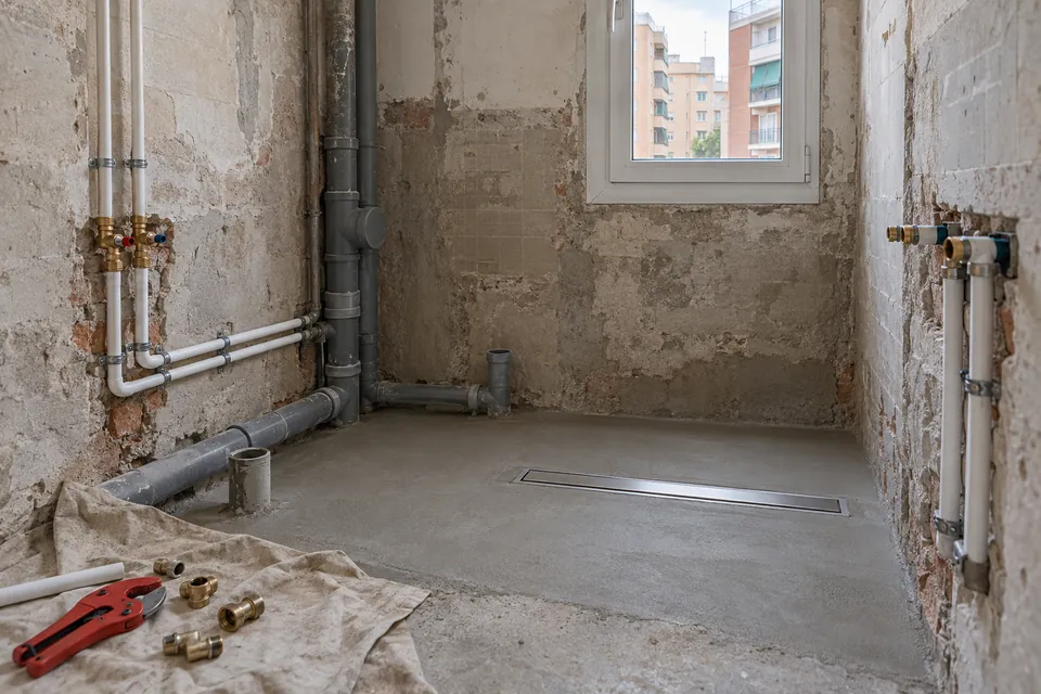 Tuberías nuevas de agua y desagüe en un baño en obras
