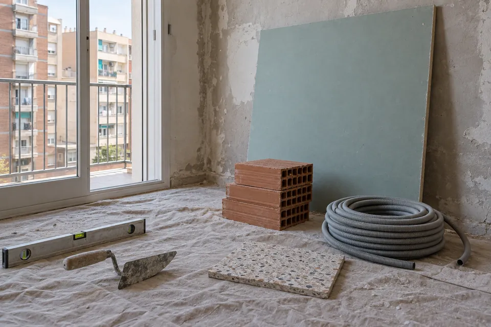 Ladrillos huecos, placa de yeso, tubo corrugado y una baldosa de terrazo en un piso en obras