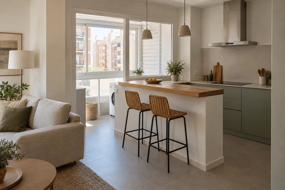 Cocina abierta al salón con murete y barra de madera tras quitar el tabique