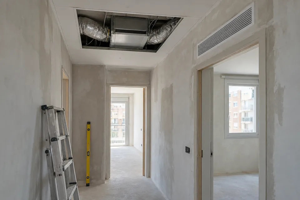 Falso techo del pasillo con la máquina de conductos a la vista y una rejilla sobre la puerta del dormitorio