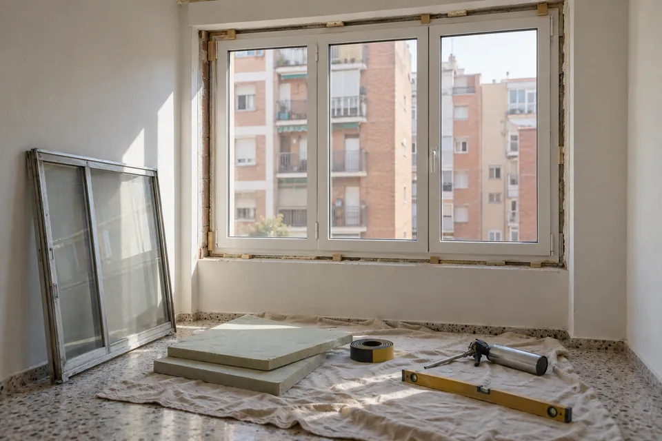Ventana nueva de doble acristalamiento a medio colocar en el dormitorio de un piso de los años 60