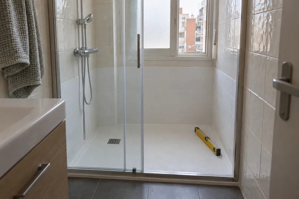Plato de ducha de resina recién colocado en el hueco de una bañera, con la franja inferior alicatada de nuevo