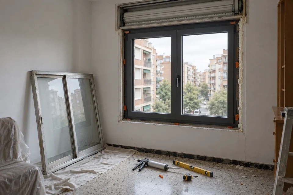 Ventana nueva de doble vidrio encajada en el hueco junto a la vieja corredera de aluminio