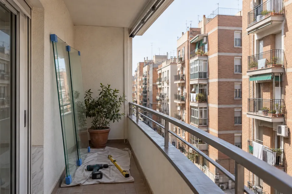 Balcón estrecho de un piso de los años 60 durante el montaje de una cortina de cristal