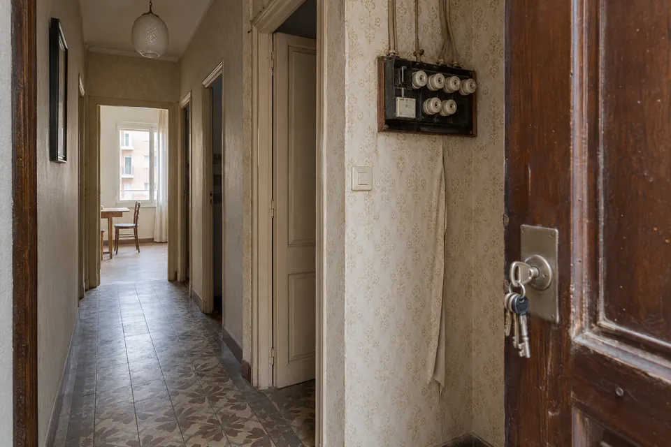 Recibidor de un piso antiguo en venta con un cuadro eléctrico de fusibles y papel pintado, antes de reformar