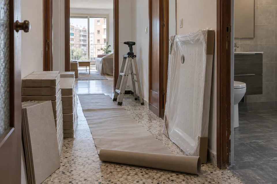Pasillo de un piso con cajas de baldosas y un plato de ducha embalado antes de empezar la reforma