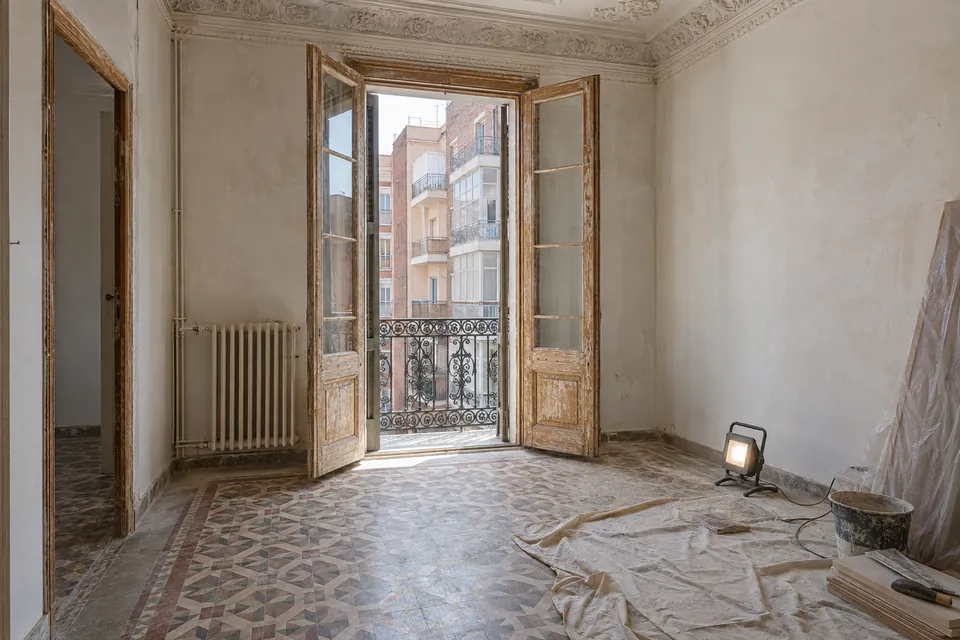 Salón de un piso de principios del siglo XX en restauración, con suelo hidráulico y molduras originales