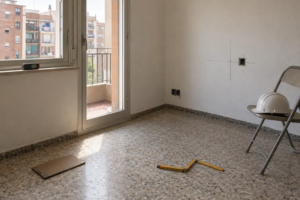 Medidor láser, metro plegable y casco en un piso de los años 60 antes de presupuestar la obra