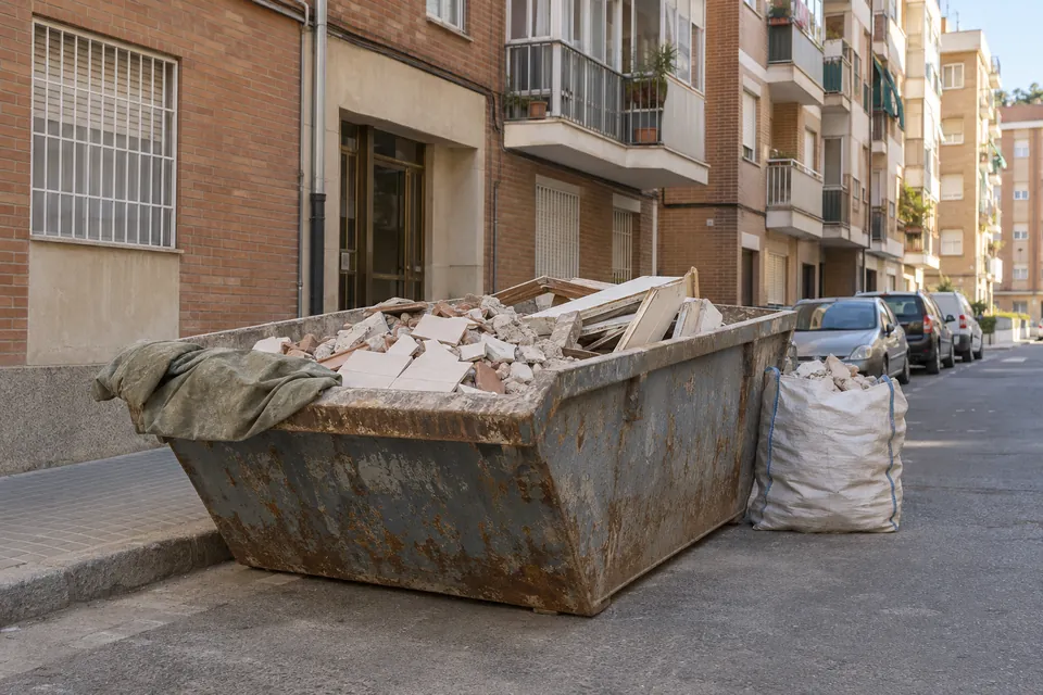 Contenedor de escombros y saco de runa junto a la acera en una calle de bloques de pisos