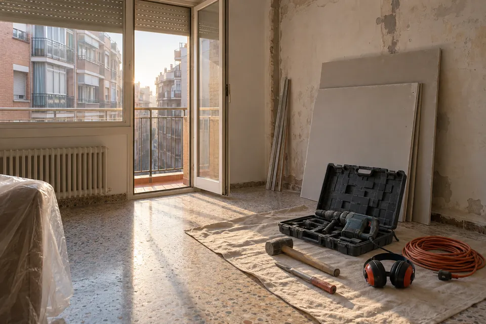 Herramientas preparadas en el salón de un piso en obras a primera hora, con la calle todavía en silencio