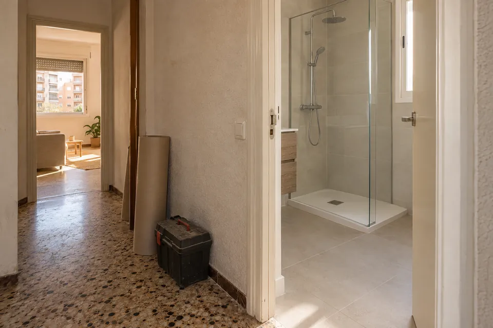 Piso pequeño con el baño ya reformado y el pasillo todavía con el suelo y las paredes antiguas