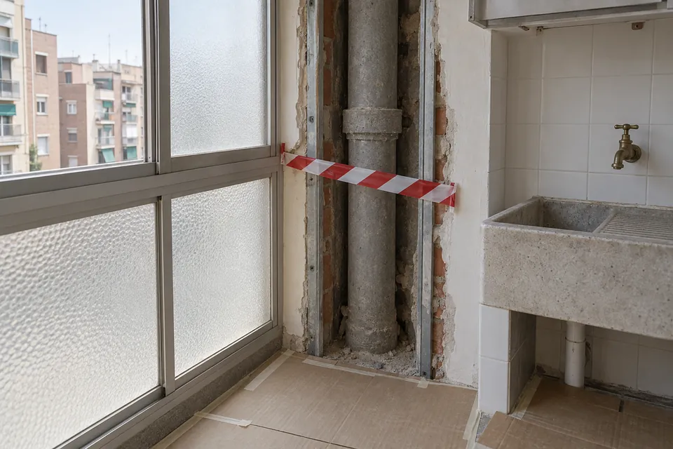 Bajante antigua de fibrocemento descubierta en la galería de un piso en obras, con el rincón acordonado