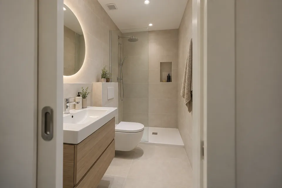 Baño pequeño sin ventana reformado, con inodoro suspendido, lavabo de poco fondo y ducha al fondo