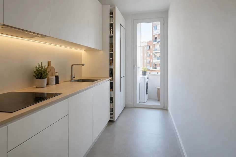 Cocina pequeña y estrecha reformada con un solo frente de muebles blancos y puerta de vidrio a la galería
