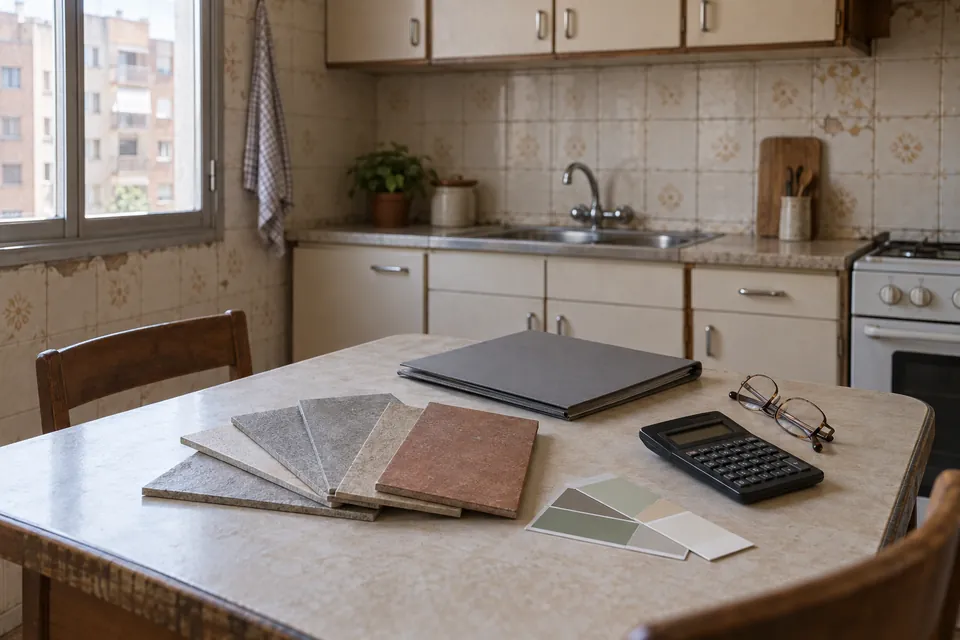 Muestras de baldosa, calculadora y carpeta cerrada sobre una mesa para comparar presupuestos de reforma