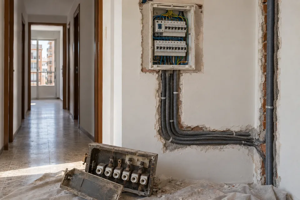 Cuadro eléctrico nuevo y tubos corrugados en la pared durante la renovación de la instalación