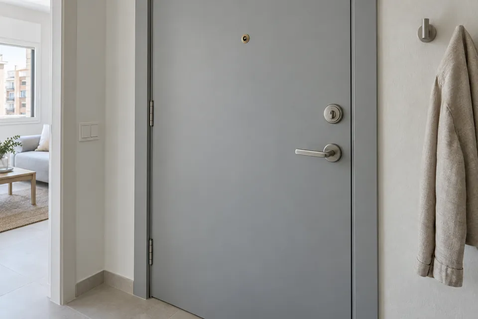Puerta de entrada de un piso con cerradura de seguridad vista desde el interior