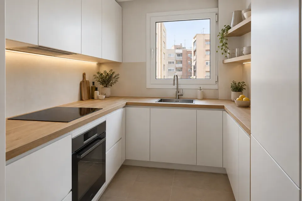 Cocina en L reformada en un piso pequeño con muebles blancos y encimera clara