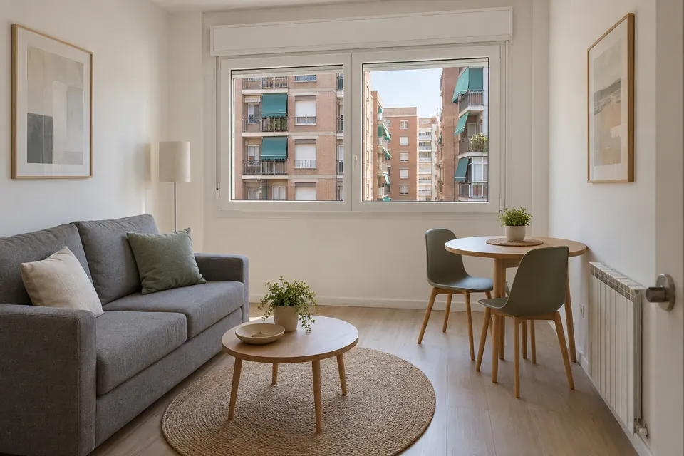 Comedor reformado de un piso de los años 60 con bloques de ladrillo muy cerca al otro lado de la calle